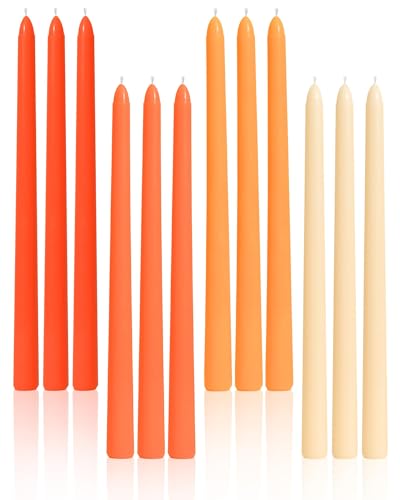 Viyffo Taper Candles 12 Inch 12 Pack Orange Unscented Smokeless Design Up to 8-Hour Burn Tall Candlesticks for Table Decor Weddings & Dinners