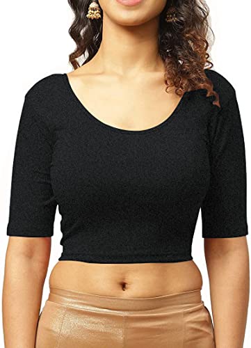 Image of THE BLAZZE 1303 Women's Cotton Scoop Neck Backless Elbow Sleeve Crop Top Readymade Saree Blouse for Women