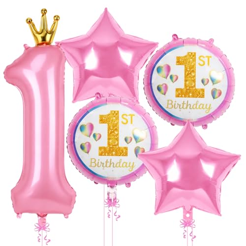 Image of 1st Birthday Foil Balloon Set Pink Number 1 Crown Balloon with Star and Round 1st Birthday Balloons for Baby Girl First Birthday Party Decoration - Pack of 5