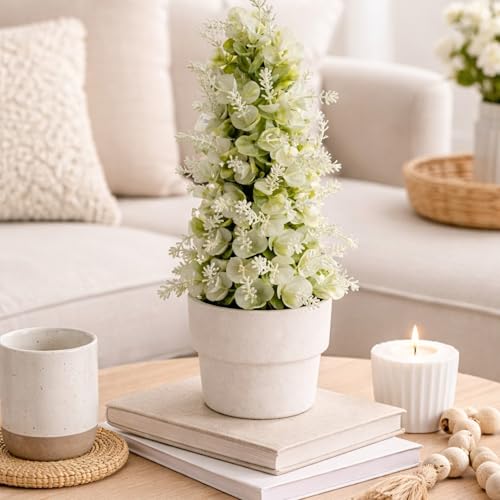 Image of Garden Art Artificial Frosted Eucalyptus Flower Arrangement with Melamine Planter - Decorative Faux Greenery Plant for Home, Office, Tabletop, Desk, Shelf & Living Room Decor (P-0202White)