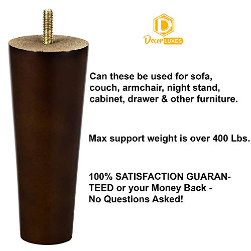 Wood Furniture Sofa Feet Legs 6 Inch Set of 4 for Couch Cabinet Chair Brown Replacement Extenders with Hardware Kit Attachment Mounting Plates M8 Bolts and Screws | Easy to Install