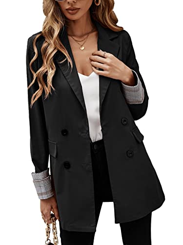 Sweatyrocks Women's Elegant Plaid Open Front Blazer Long Sleeve Lapel Button Front Blazer Jacket Black M #TOP3