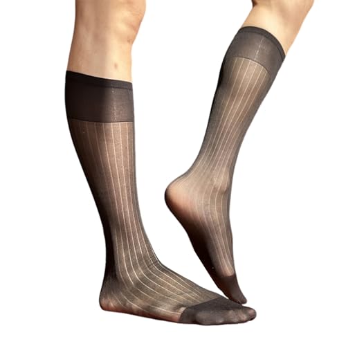 Soft Warm Hosiery, Mens Nylon Sheer Suit Socks Business Dress Socks Elastic Wide Striped See Through Formal Dress Over the Calf Stockings