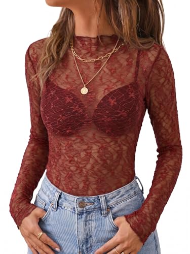 BTFBM Womens Tops Mesh Lace Long Sleeve Tops for Women 2026 Spring Fall Sexy Sheer See Through Tight Party Club Outfits(Burnt Orange, Medium) — view 2