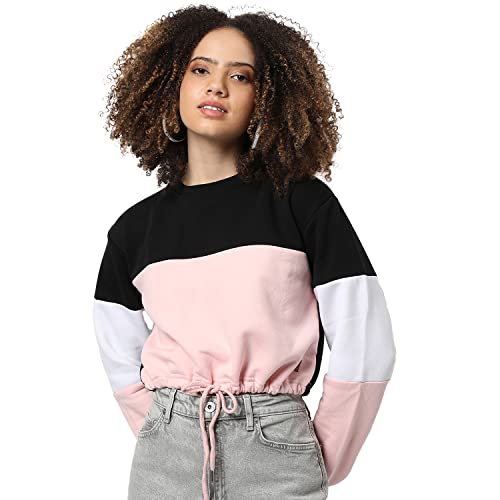 Image of Campus Sutra Women Pink & Black Cinched Waist Regular Fit Sweatshirt for Winter Wear | Round Neck | Full Sleeves | Cotton Sweatshirt | Casual Sweatshirt for Woman | Stylish Sweatshirt for Womens