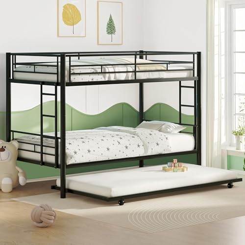 VECELO Twin Over Twin Bunk Bed with Trundle, Convertible Metal Bunkbeds with 2 Ladders and...