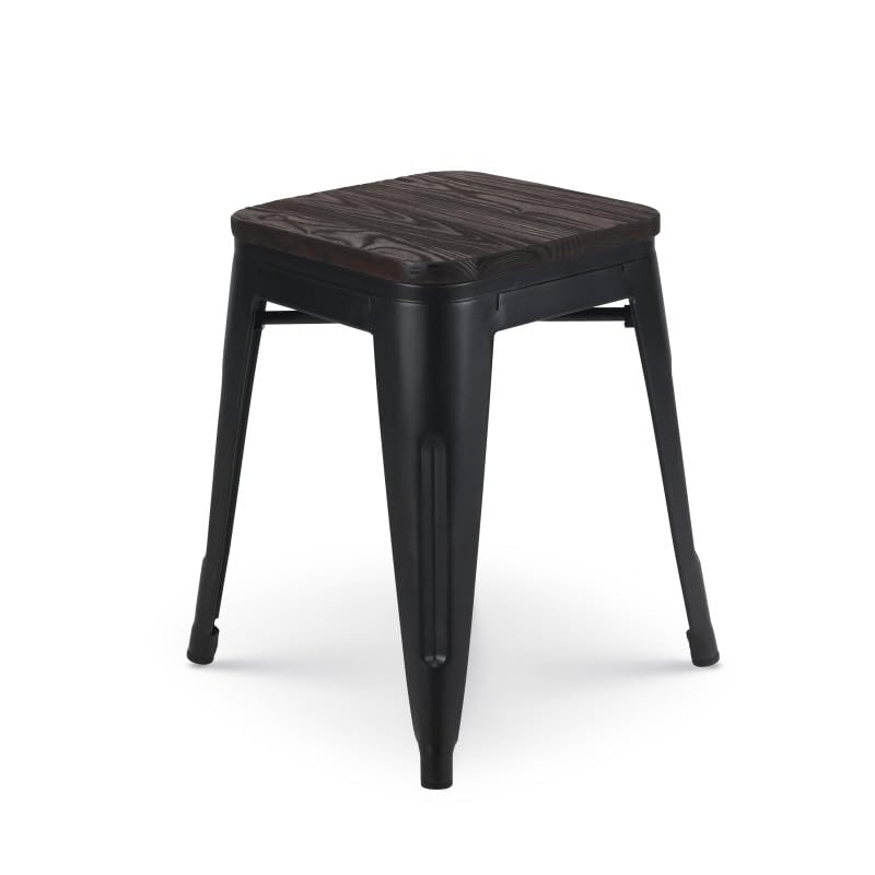 Kosmi - Juego de 4 taburetes de metal, color negro mate, estilo industrial y asiento de madera oscura, altura 46 cm