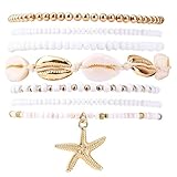 CYWQ 7pcs Summer Beach Bracelets for Women,Boho Layered Beaded Shell Seashell Starfish Surfer Bracelets Set Holiday Vacation Jewelry Accessories Gifts