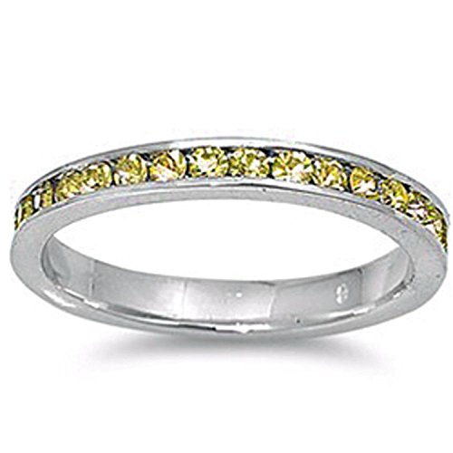 Blue Apple Co. 3mm Channel Set Full Eternity Wedding Band Ring Round Simulated Yellow CZ 925 Sterling Silver, Size-8