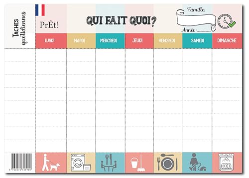 Prêt! | Calendrier Hebdomadaire Familial A3 à Remplir | Planning Mural Organisation Famille avec 8 Cases de Tâches Quotidiennes | Tableau Semainier à Personnaliser pour Adultes, Ados et Enfants