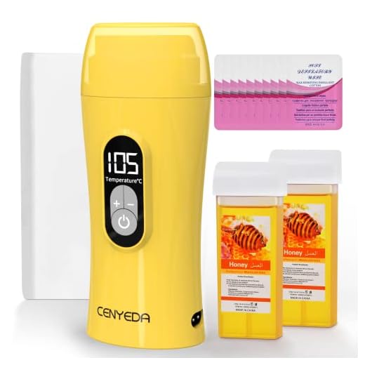 Digital Roll On Wax Kit,Honey Thermostatic Roller Waxing Kit for Sensitive Skin, Depilatory Soft Wax Warmer with 2 Cartridge Refill 10 Wax-removing wipes and 100pcs Wax Strips（Yellow）
