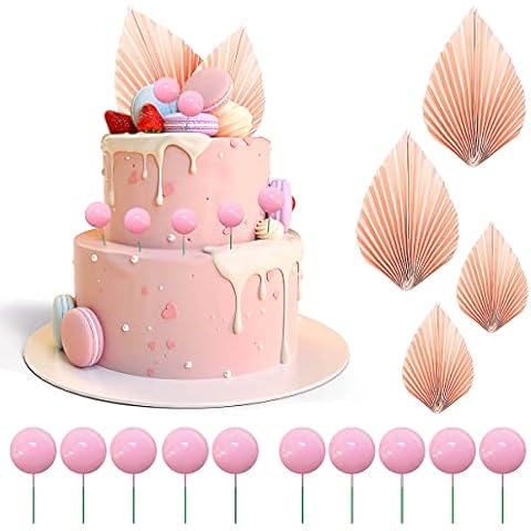 14 Pcs Birthday Cake Decorations Include 4 Paper Palm Fan Cake Topper 10 Mini Balloon Cake Topper Foam Ball DIY Cake Insert Decorations for 2022 Jubilee Wedding Valentine's Day Birthday (pink) Cover