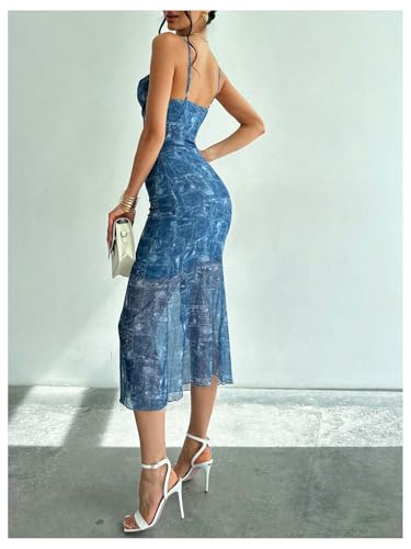 Image of GORGLITTER Women's Floral Wedding Guest Derby Midi Dress Cocktail Summer Boho Beach Going Out Fishtail Sun Dresses Blue X-Small