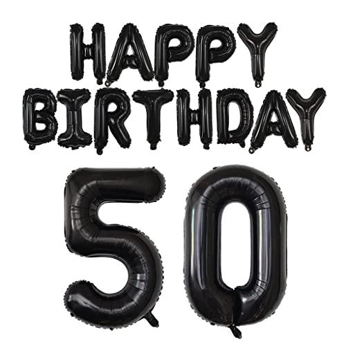Happy Birthday Balloon Banner 40 inch 50 Balloon Number 16 Inch Happy Birthday Letters Balloons Black Foil Mylar Balloons for Women and Man 50th Birthday Decorations Party Supplies