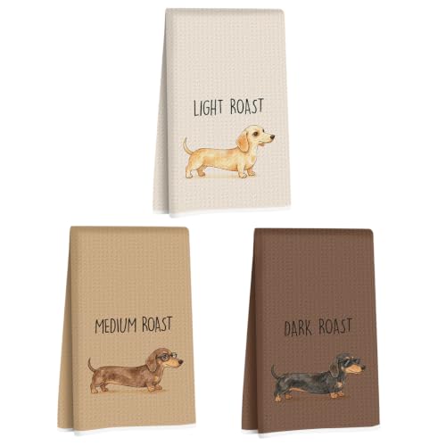Image of 3 Pcs Coffee Dachshund Kitchen Towels, Funny Dachshund Reusable Dish Towels