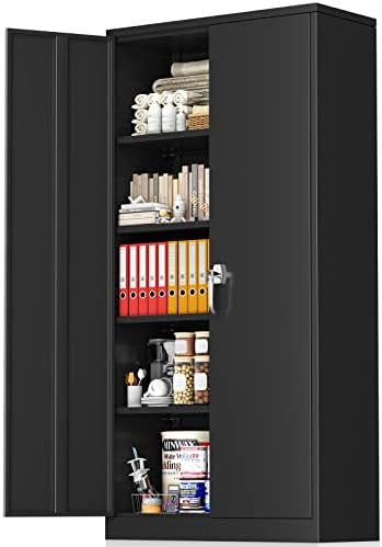 Greenvelly Metal Storage Cabinet 72” Black Garage Steel Locking Cabinet with Doors and 4 Adjustable Shelves, Tall Tool Cabinets Lockable File Cabinet for Home Office, Metal Classroom Cabinets Basement