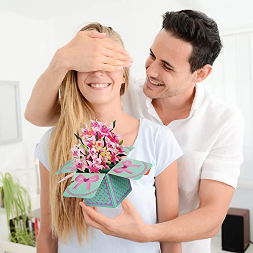 Banzk 3D Bouquet Pop Up Thank You Card, Get Well Soon Cards, Fathers Day Card, Paper Flower Bouquet With Envelopes, Teacher Appreciation Cards, Flowers Box Greeting Cards For Father, Dad, Grandma, Women, Mom(Lily) #TOP2
