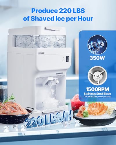 Image of VEVOR Commercial Ice Shaver Crusher, 220lbs Per Hour Electric Snow Cone Maker with 8L Ice Cube Box, 350W 1500RPM Tabletop Shaved Ice Machine for Parties Events Bar, Home and Commercial Use (White)