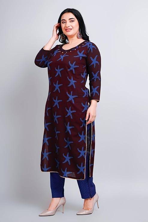 Image of Women Cotton Kurta Set Artisanal Bagh Print with Organic Colour | Metal Coin Tucked on Neck and Gota Lace | Kurta and Straight Pants Set