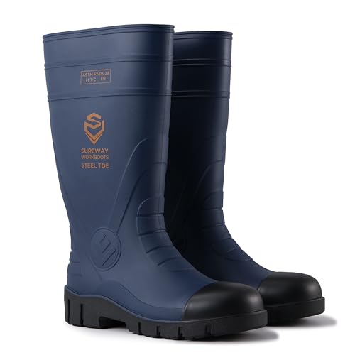 SUREWAY Steel Toe Rain Boots for Men, Knee High Waterproof Rubber Work Boots with Slip & Oil Resistant Outsole for Industrial, Construction, Agriculture Navyblue
