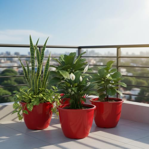 Image of Go Hooked Sunshine Flower Pot /Planters for Home Decor, Plastic Pots for Gardening /Home, Flower Pots Indoor-Outdoor & Planter for Plants (Red) (Pack of 4)