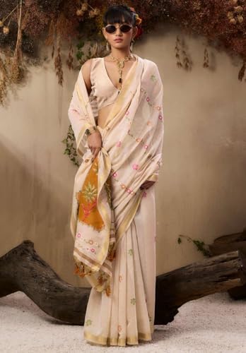 Image of SGF11 Women's Soft Cotton Linen Silk Saree With Unstitched Blouse Piece