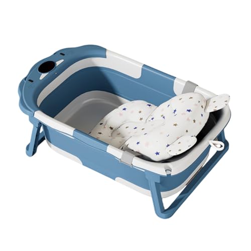 Quxxuol折りたたみ浴槽、子供用浴槽、滑り止め、折り畳み式、小型、コンパクト、保温、座ったり横になったりできる、ベビーバスタブ、バスバケツ、家庭用ベビー折りたたみバスタブ (ブルー,バスマット付き)