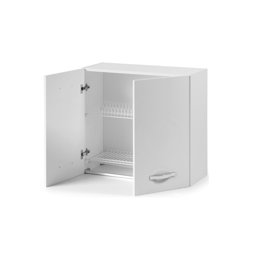 Linea Azzurra Scolapiatti Pensile Cucina Sospeso con 2 Ante e 2 Ripiani Mobile in Legno Made in Italy H72xL80xP32 cm Facile da Montare (Bianco Frassinato)