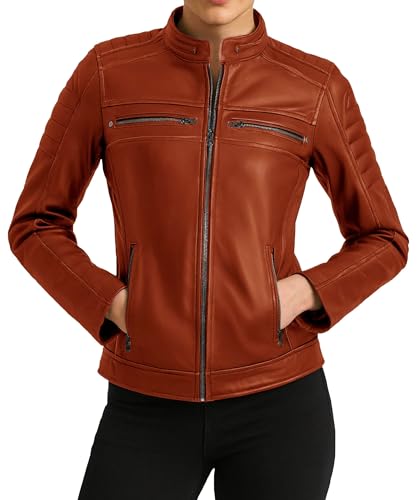 Womens Cafe Racer Leather Jacket - Real Lambskin Stand Collar Motorcycle Style Leather Jackets For Women