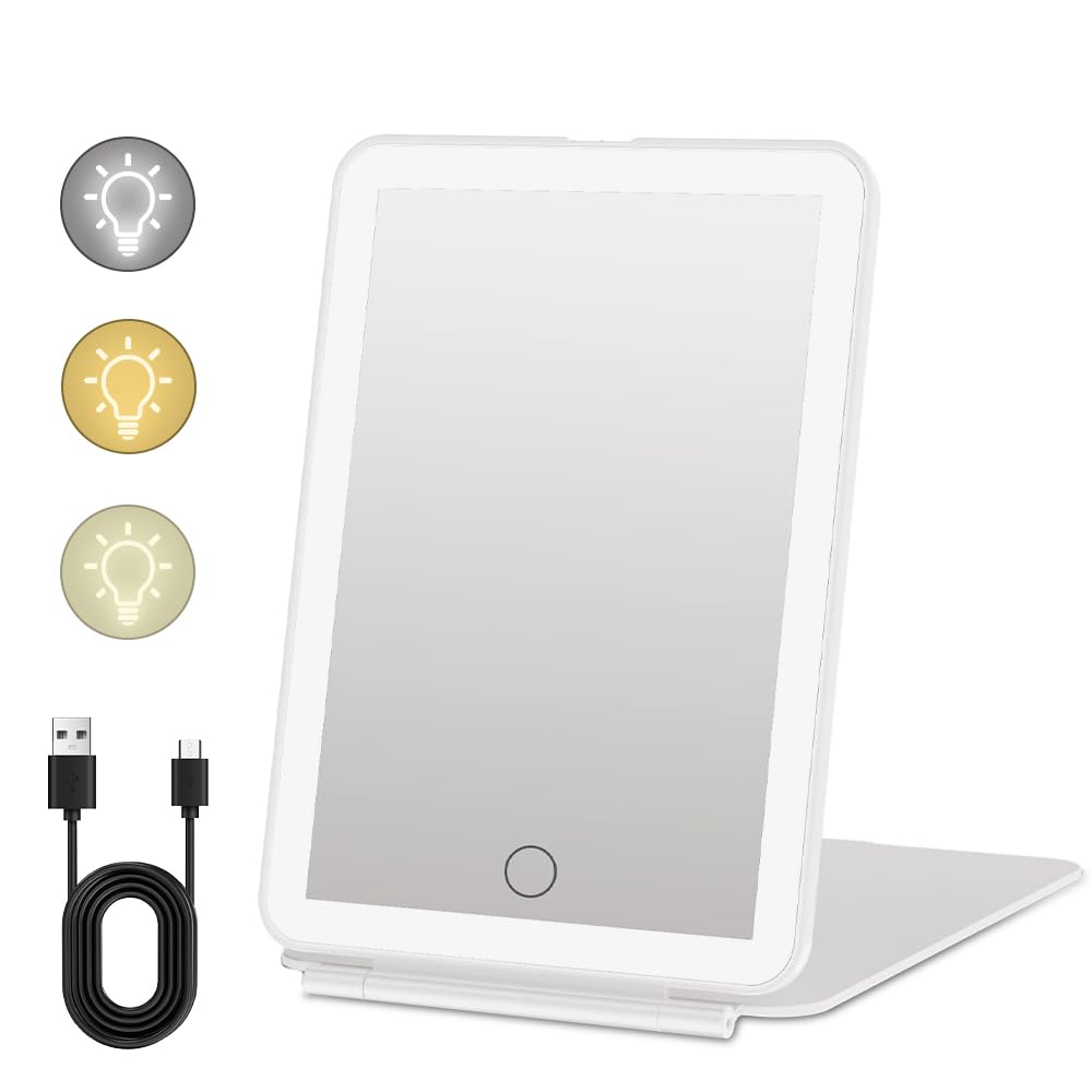 Udbrud Espejo Maquillaje con Luz, Espejo de Maquillaje de Viaje Recargable con 72 Luces LED Espejo con Luz 3 Modos Pantalla Táctil Regulable Espejo Cosmético Plegable de Sobremesa