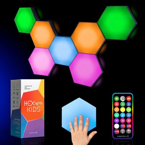 Emberela HEXlights Sensory Lights for Kids - 7pk Touch Hexagon Lights, Remote Controlled - Autism-Friendly Tap Tap Wall LED Panels for Sensory Room - Table Stand Included