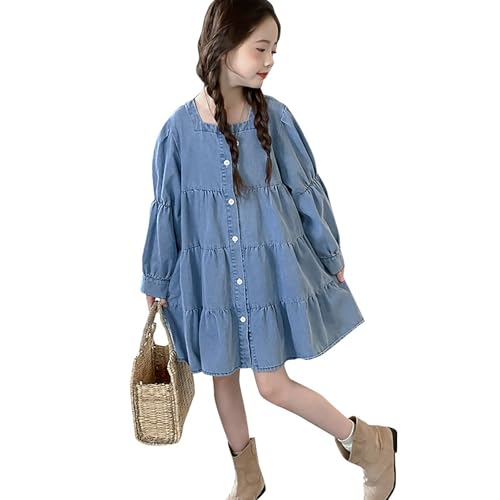 Girls Thin Long Sleeve Denim Dress Square Collar Loose Casual Flowy Swing Jean Dress with Button for Kids 20242
