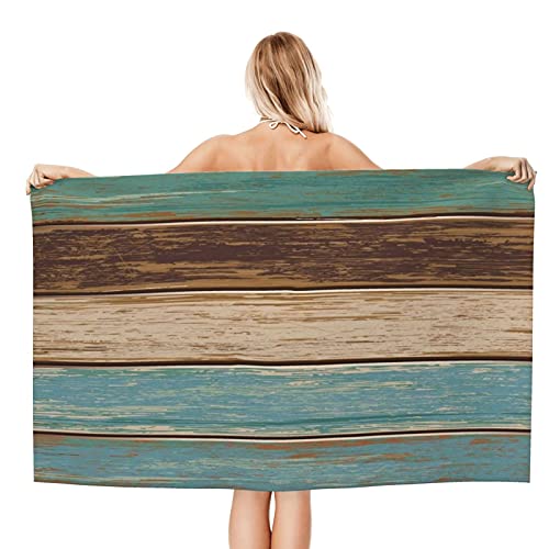 Retro Aged Barn Wood Towel for Bathroom Big Rustic Teal Green Dry Turquoise 52X32 Beach Stripe Ombre Farmhouse Grain Beach Towel Teal Green Blue Brown Bathing Towel for Adult Women Men Labor Day Gift