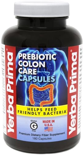 Yerba Prima Prebiotics Colon Care Fiber Caps, 180 Capsules - Five Forms of Fiber Plus FOS Pre-biotics - Dietary Health Supplement - Healthy Soluble & Insoluble Fibers for Regularity
