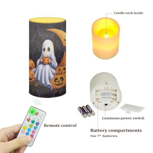 Image of Poceacles Ghost Moon Pumpkin Bat Flickering Flameless LED Battery Candles Pillar Candles Tealight with 18-Key Timer Remote with Colorful Light for Indoor Outdoor Home Halloween Decor