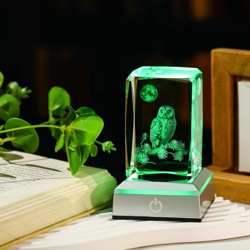 Image of 3D Laser Etched Crystal Owl Night Light - Color-Changing LED Base, K9 Crystal Paperweight & Home Decor Gift for Owl Lovers - 3.15inch