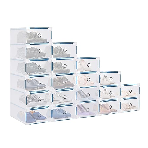 Youyijia 20pcs Clear Shoe Boxes Foldable Shoe Organiser Plastic Shoe Storage Box Transparent Drawer Stackable Storage Cabinet 31 x 20 x 11cm for Shoes File Dress or Toys Storage