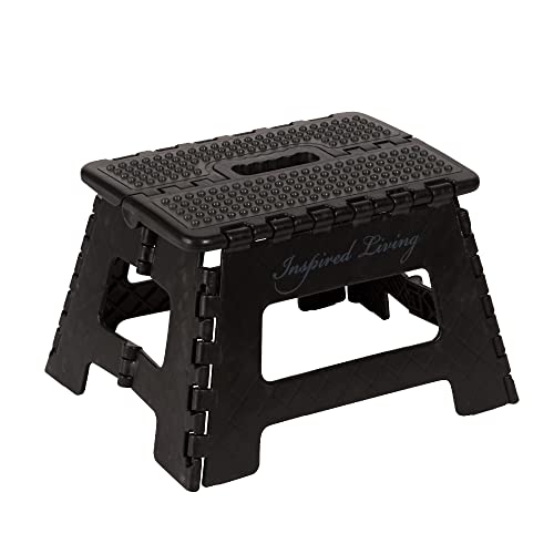 Inspired Living 9" Folding Step Stool, Plastic Foldable Step Stools for Adults Holds Up To 330 lbs, Collapsible Folding Stool for Kitchen, Bathroom, Bedroom, Garden - Black