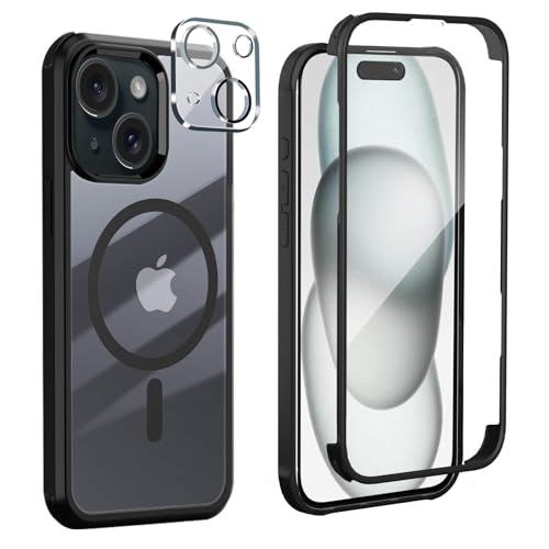 Leedia Case Compatible con Magsafe Funda iPhone 15 + 2 Protectores de Cámara 360 Grados Antigolpes con Protector de Pantalla Integrado Vidrio Templado Robusto Completa Carcasa para iPhone 15 Negro