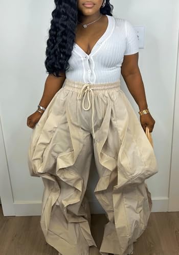 Womens Casual Baggy Pants Cargo Joggers Y2k Drawstring Waist Wide Leg Loose Ruffle Trousers3