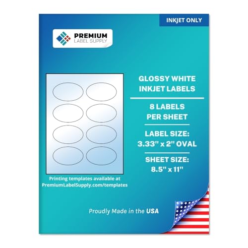 Premium Label Supply Glossy White Oval Sticker Labels – 3.33" x 2" Oval – (8 per Sheet) (Glossy White for Inkjet Only, 800 Labels)