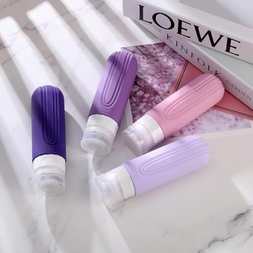 Kit 4 Frascos Potes Silicone Viagem 90ml Aprovado TSA Creme Shampoo Condicionador (Roxo e Rosa)