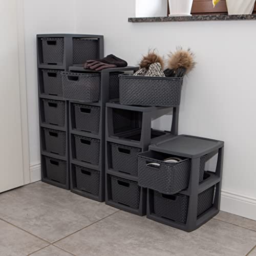 BranQ - Home essential 100% recycelt Kunststoff PP, Ökologisch, Regal in Rattan Design, Anthrazit, 3 Körben