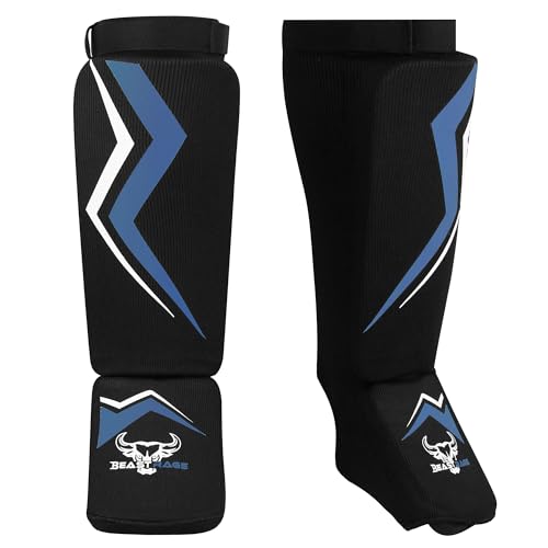 BEAST RAGE Shin Guards for Kickboxing, Instep Sleeves Pads for Muay Thai MMA Training, Martial Arts Boxing, Elasticated Padded Leg Foot Protector for Karate BJJ Taekwondo Gear (Blue, L/XL)