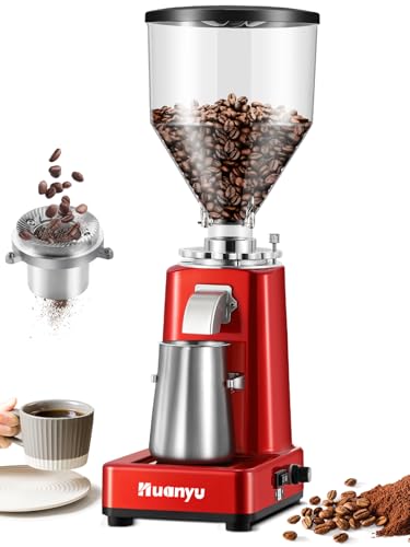 Image of Huanyu 60mm Flat Burr Coffee Grinder, Lockable Dial & Dual Dosing, Red
