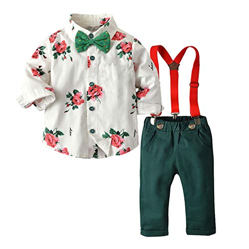 Moyikiss Studio Fashion Baby Kids Boy Gentleman Suits Long Sleeve Printed Shirt with Bowtie+Overalls Clothes Sets Tuxedo (Green, 80/12-18Months)