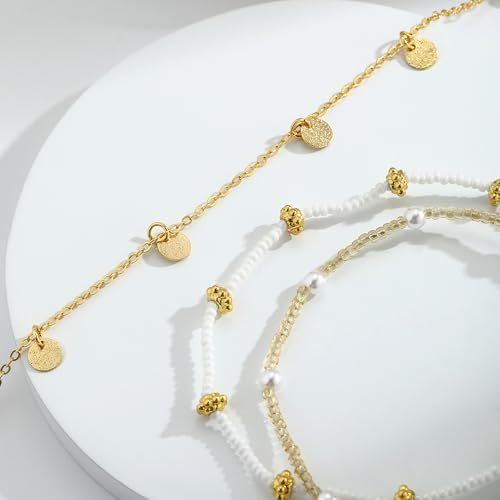 Image of Gold Ankle Bracelets for Women,14k Gold /Silver Plated Waterproof Layered lightweight Cuban Link Figaro Chain Heart anklet Bracelets Set Gold Anklets for women Trendy Jewelry Gift