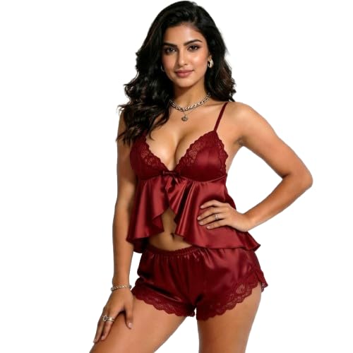 hookup Women’s Satin Lace Lingerie Set 2 Piece - Soft Silky Burgundy Lingerie Nightwear for Wife Girlfriend, Romantic Anniversary, Valentine, Honeymoon, Bridal Gift-picture-2