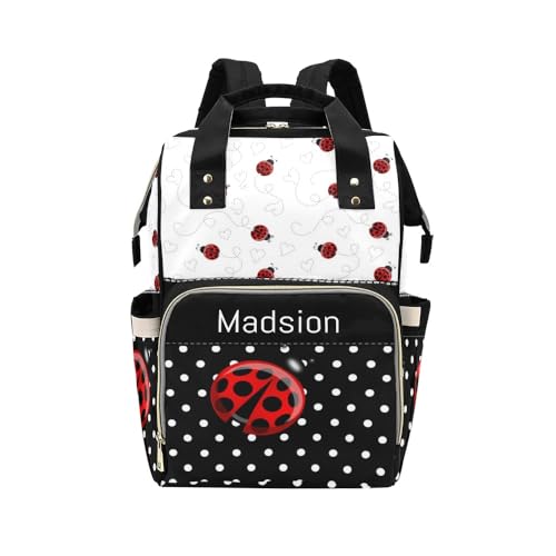 YallLocoMo Personalized Diaper Bag Backpack Name Red Black Ladybug Polka Dot Clear Up Clutter: Big Capacity Waterproof Bag with Extra Compartments