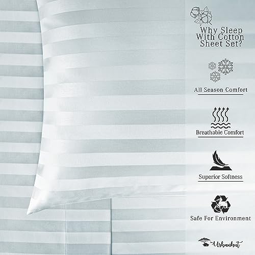 URBANHUT 800 Thread Count Egyptian Cotton Damask Striped Queen Size Sheets Set (4 Pc) - Ultra Soft & Smooth, Sateen Weave Queen Size Sheets, Luxury Hotel Sheets with 16" Deep Pocket - Light Blue